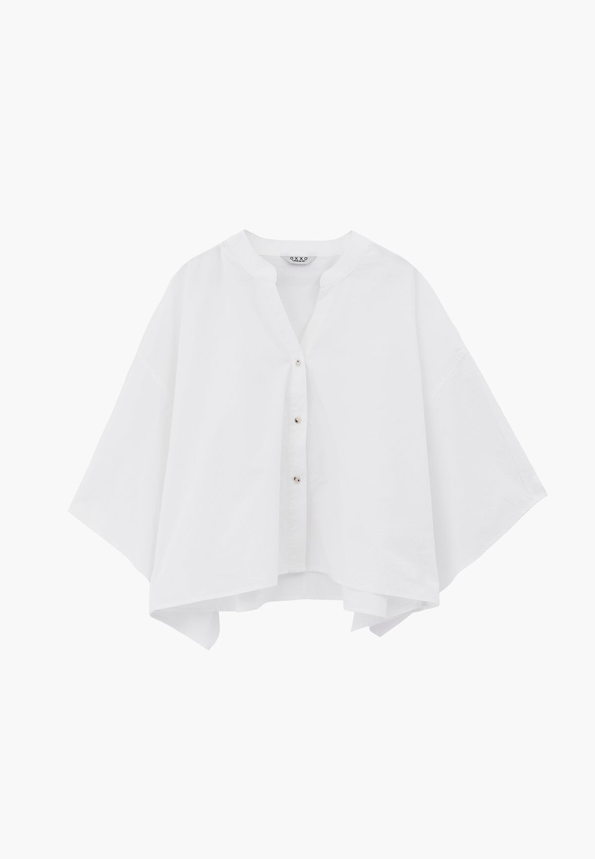 Oversized Short-Sleeve Band Collar Shirt - WHITE