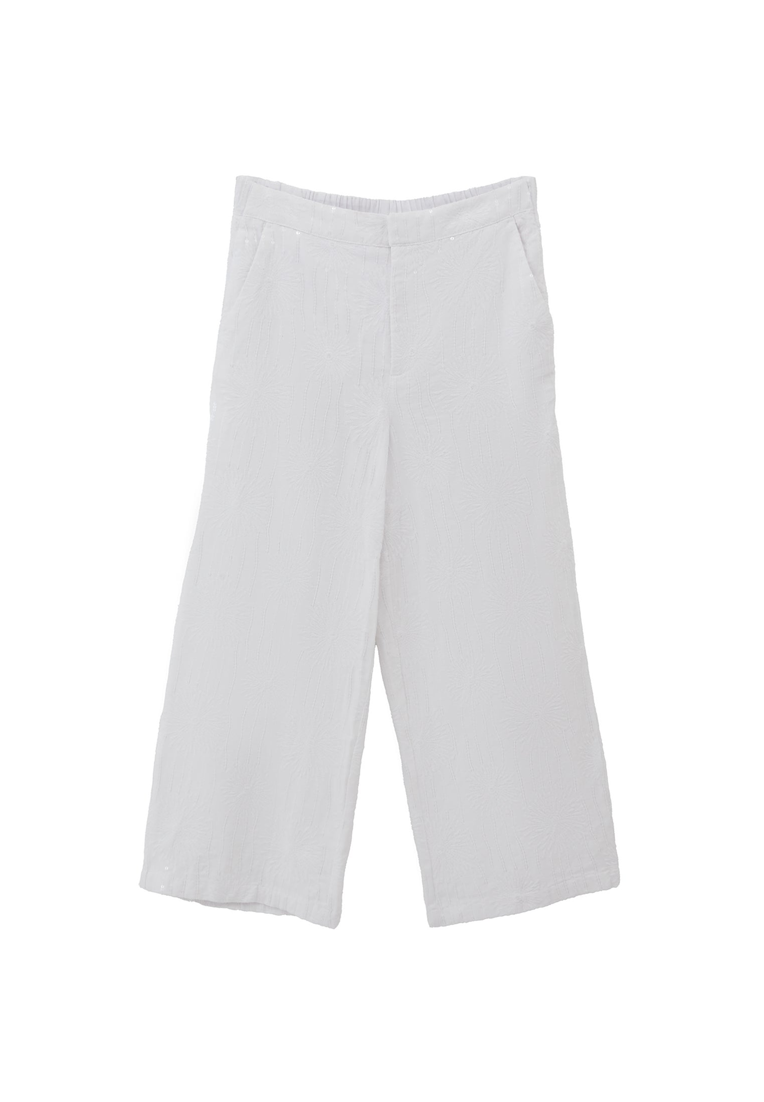 Wide Leg High Waist Pants With Embroidery Detail - WHITE