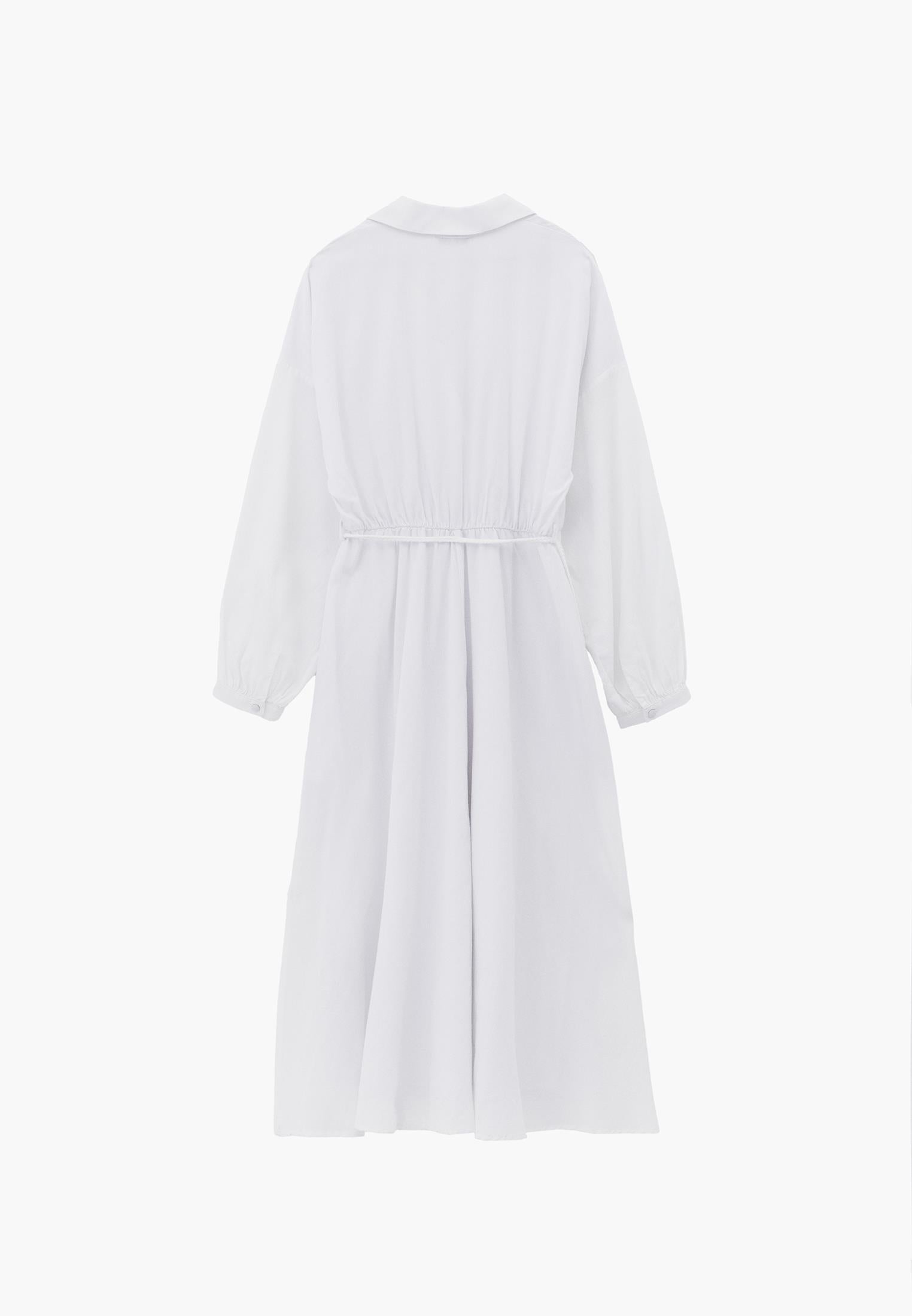 A-Line Long Shirt Collar Dress With Belt Detail - WHITE