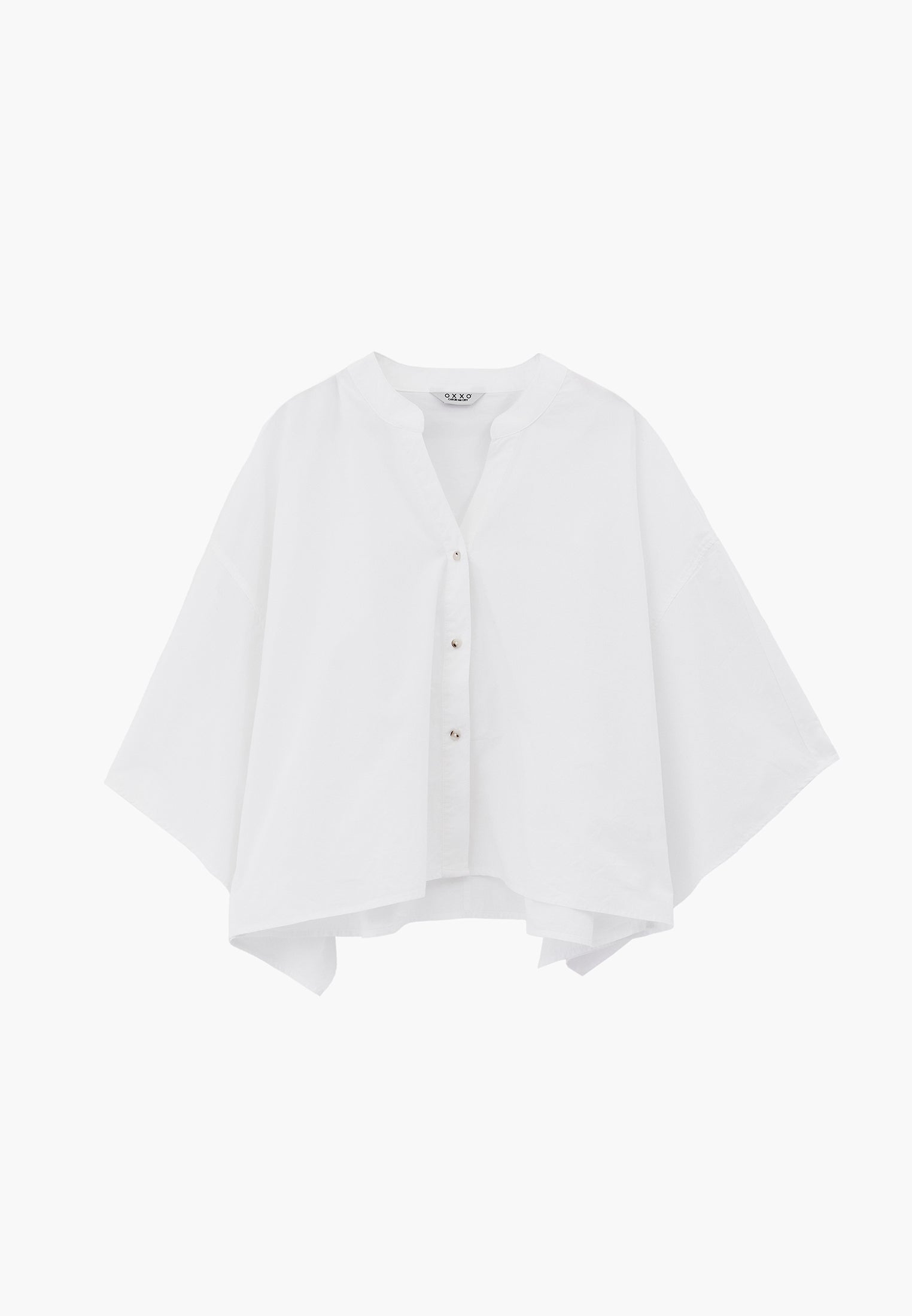Oversized Short-Sleeve Band Collar Shirt - WHITE
