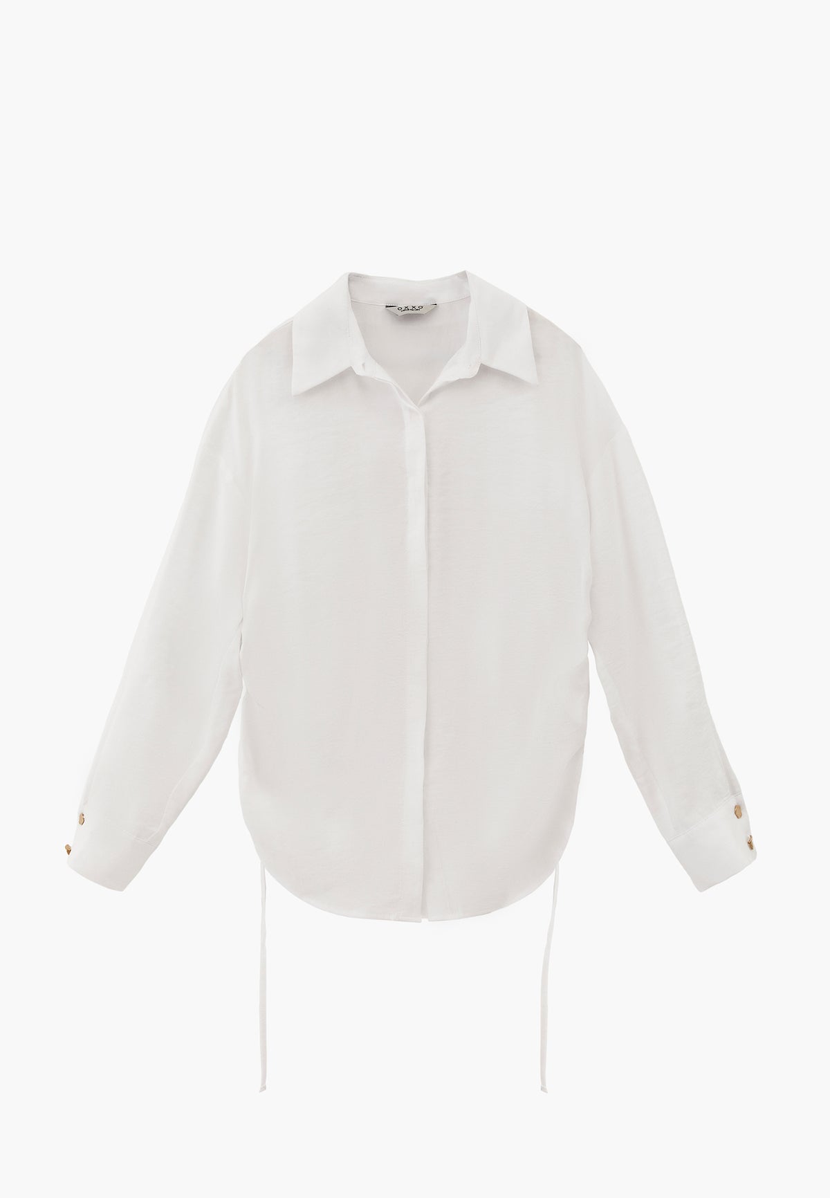 Oversize Long Sleeve Shirt with Ruching and Buttons - WHITE