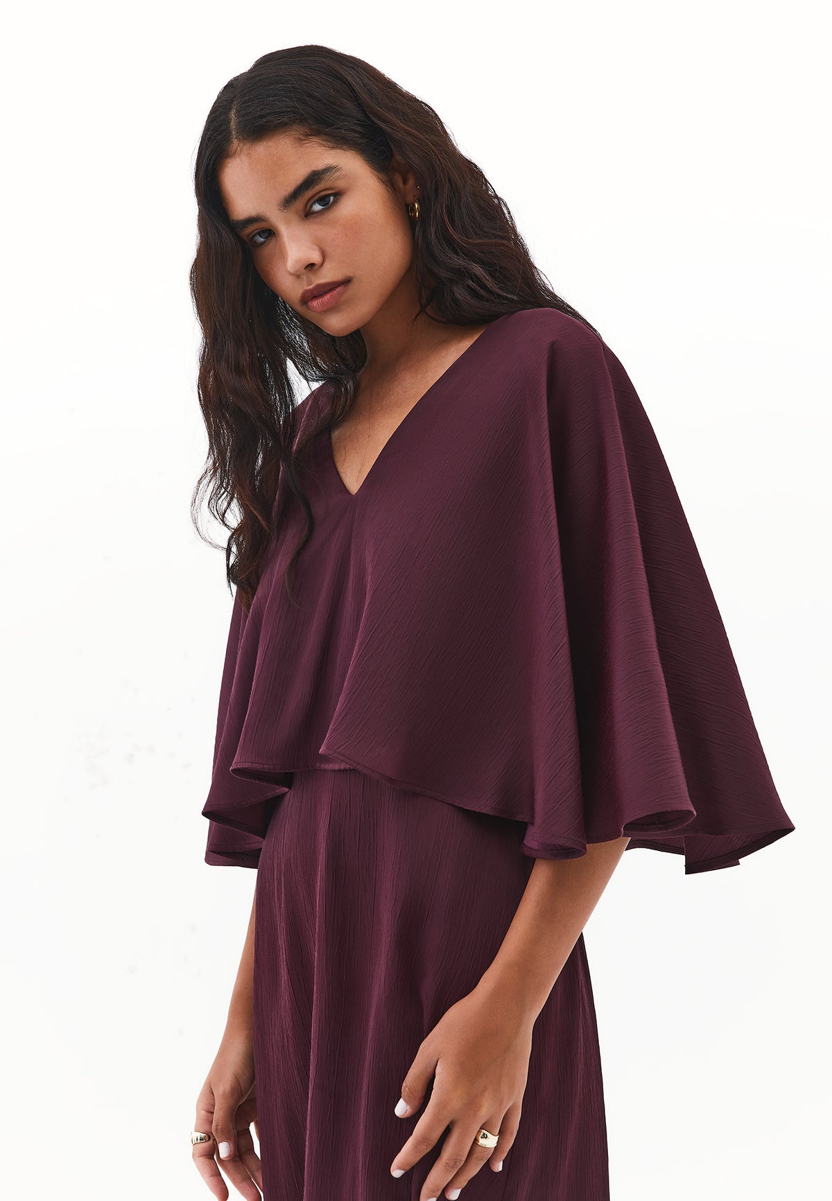 V Neck Long Dress - Burgundy