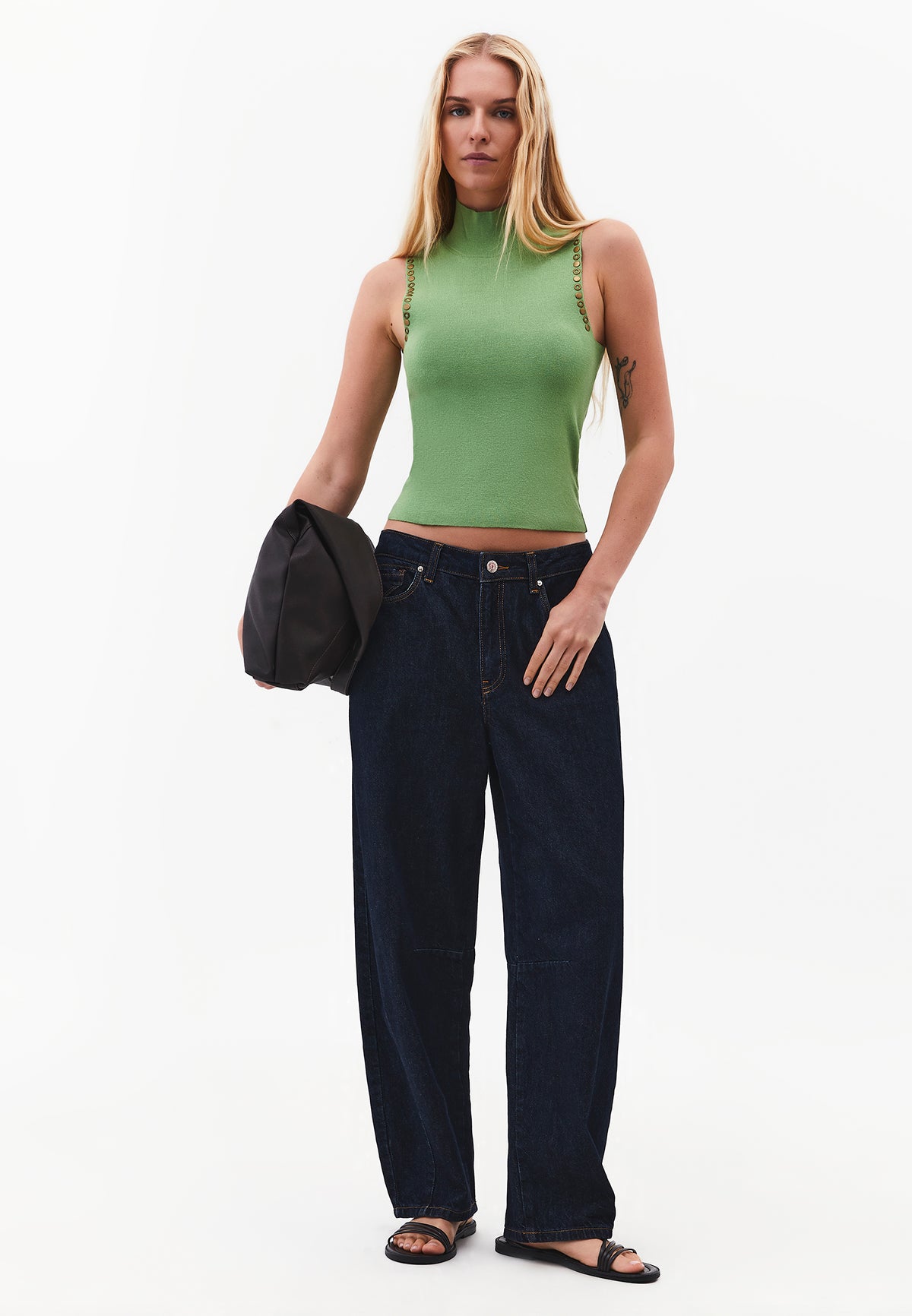 Sleeveless Knit Tank Top with High Neck and Stone Embellishment - Green