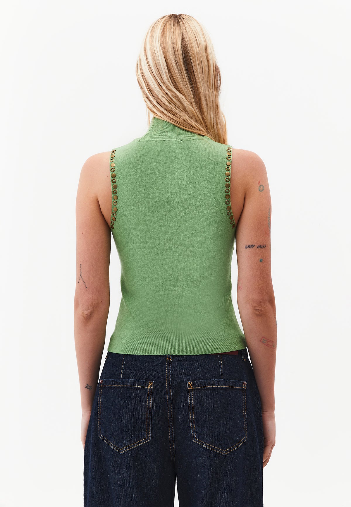 Sleeveless Knit Tank Top with High Neck and Stone Embellishment - Green