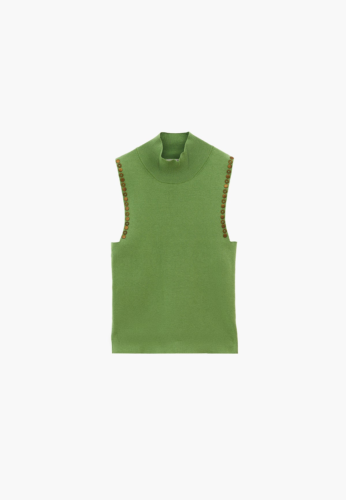 Sleeveless Knit Tank Top with High Neck and Stone Embellishment - Green