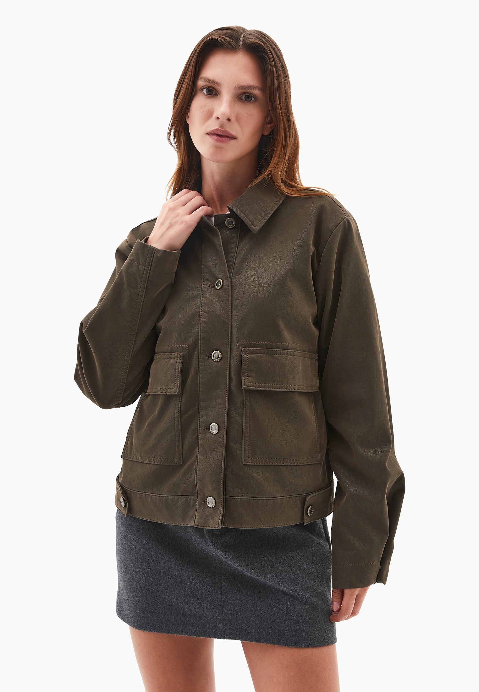 SLIM SUEDE JACKET WITH POCKET DETAILS - WREN