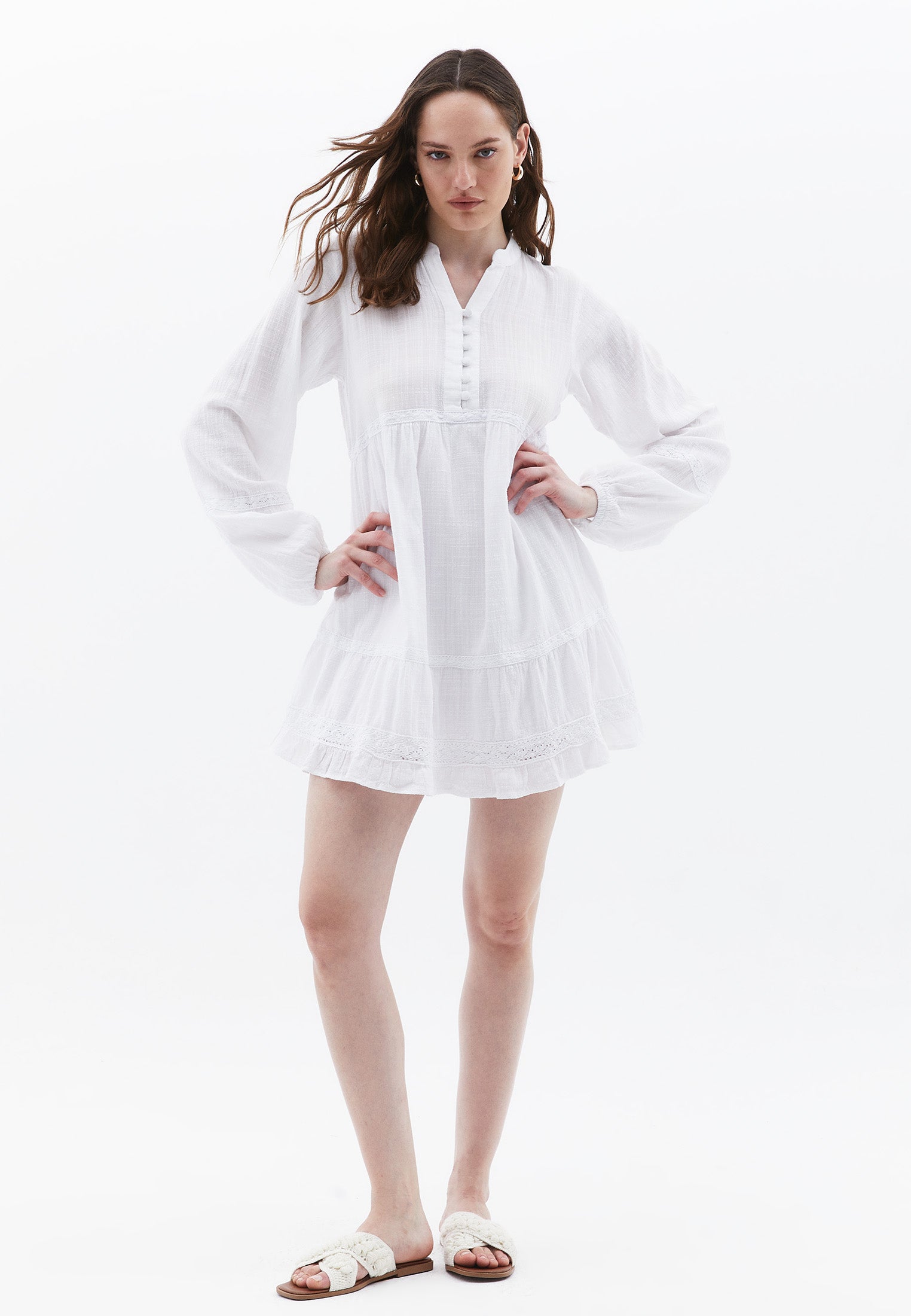 Mini Dress with Puff Sleeves - WHITE