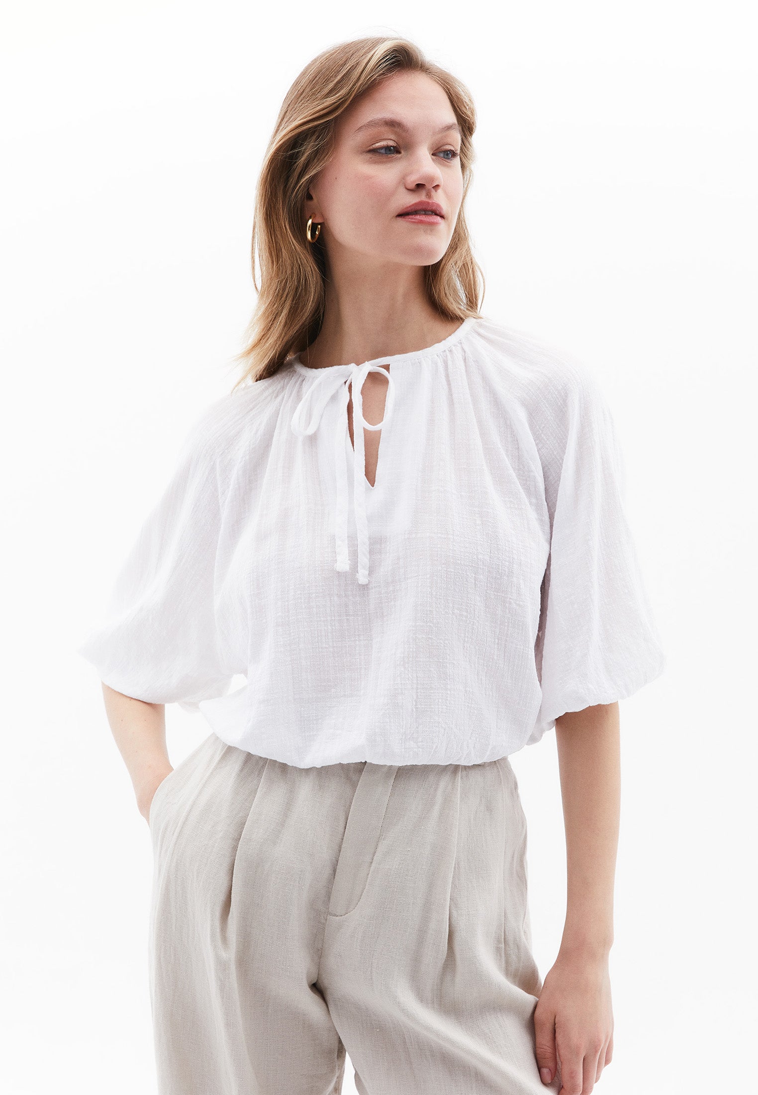 Crop Blouse with Elastic Waistband - WHITE