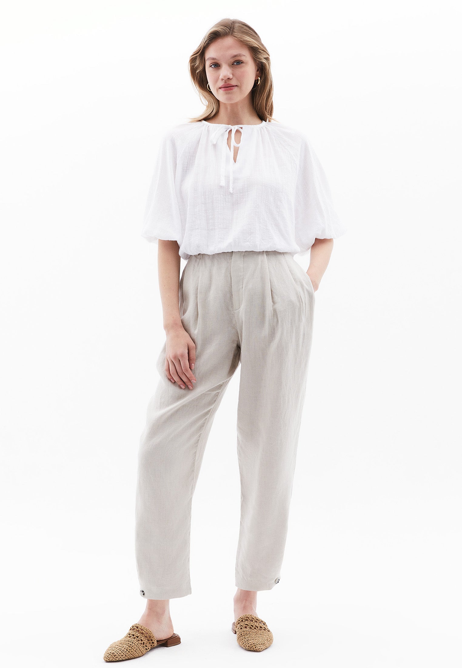 Crop Blouse with Elastic Waistband - WHITE