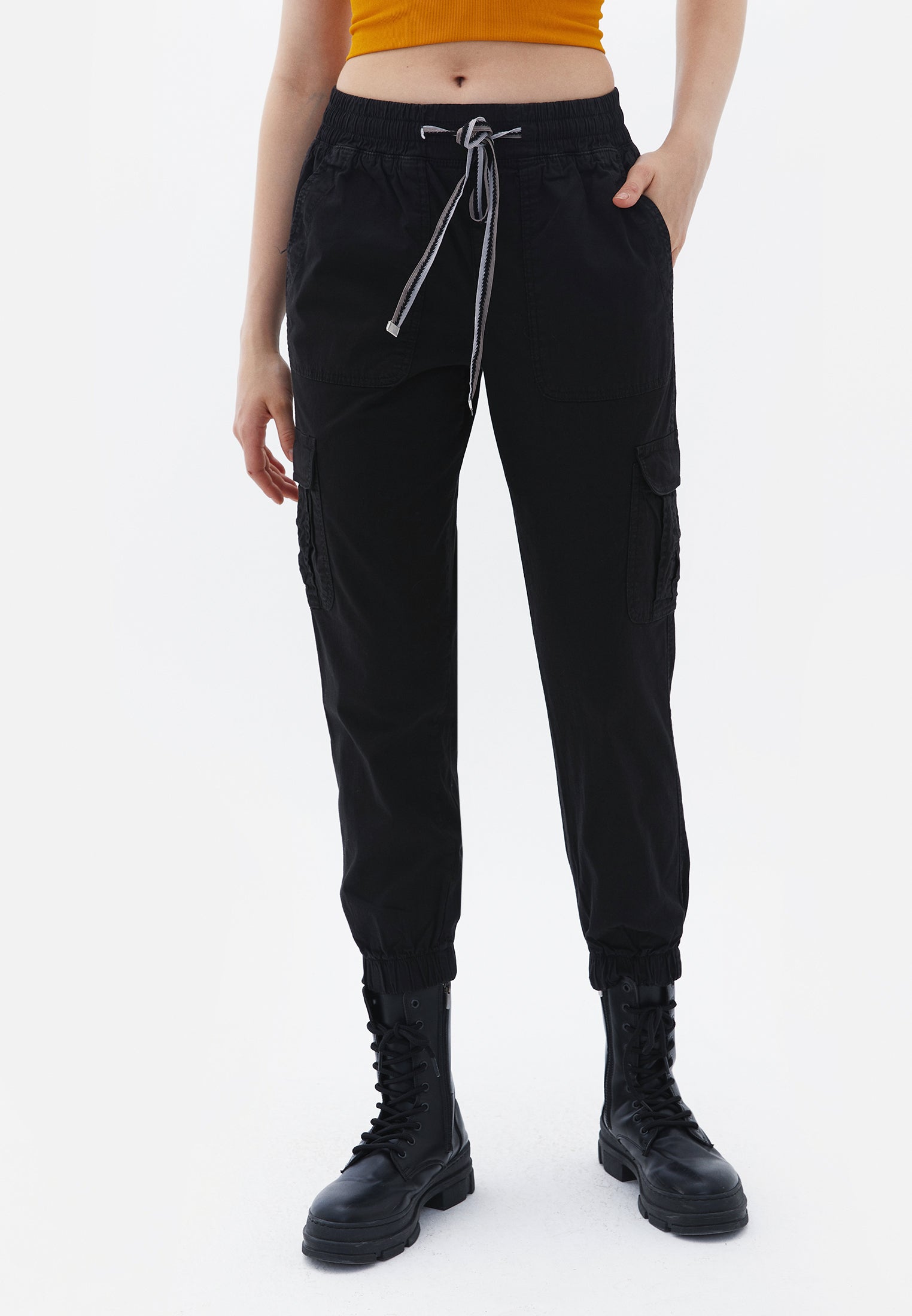 Elasticated waistband cargo jogger pants - BLACK