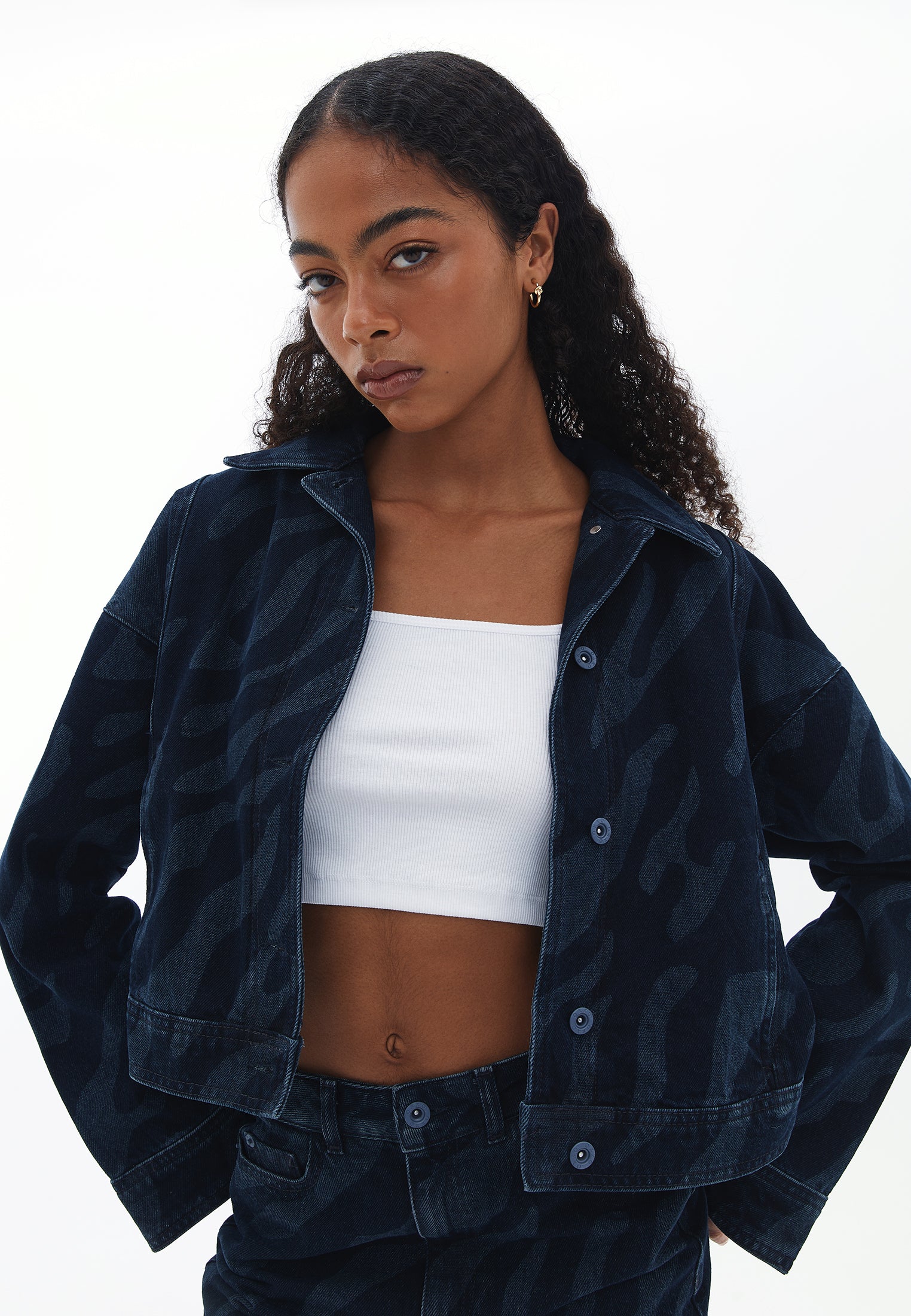 Crop Patterned Denim Jacket  - BLUE BLACK DENIM