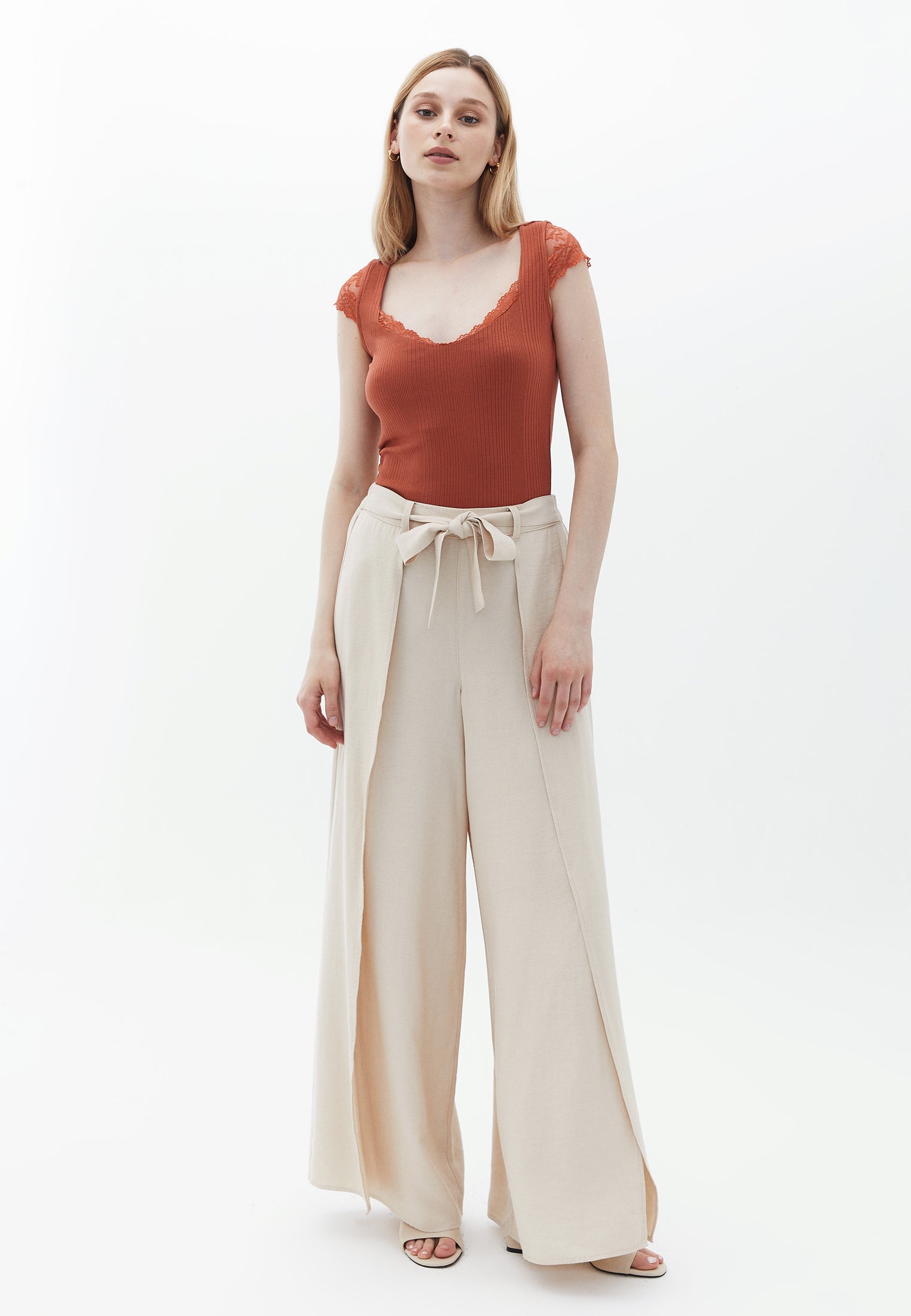V-neck Blouse with Lace Detail - BAKED CLAY