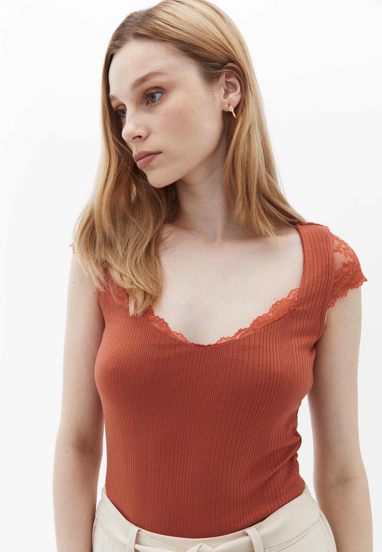 V-neck Blouse with Lace Detail - BAKED CLAY