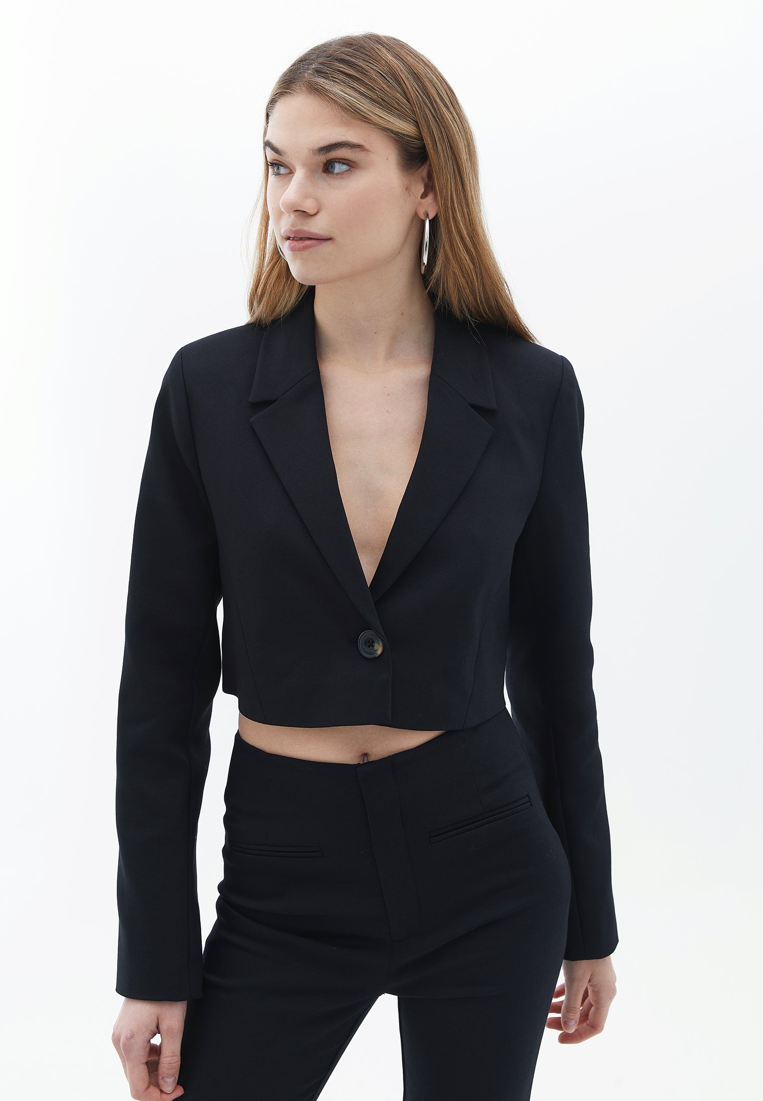 Crop Blazer with Button Closure - BLACK