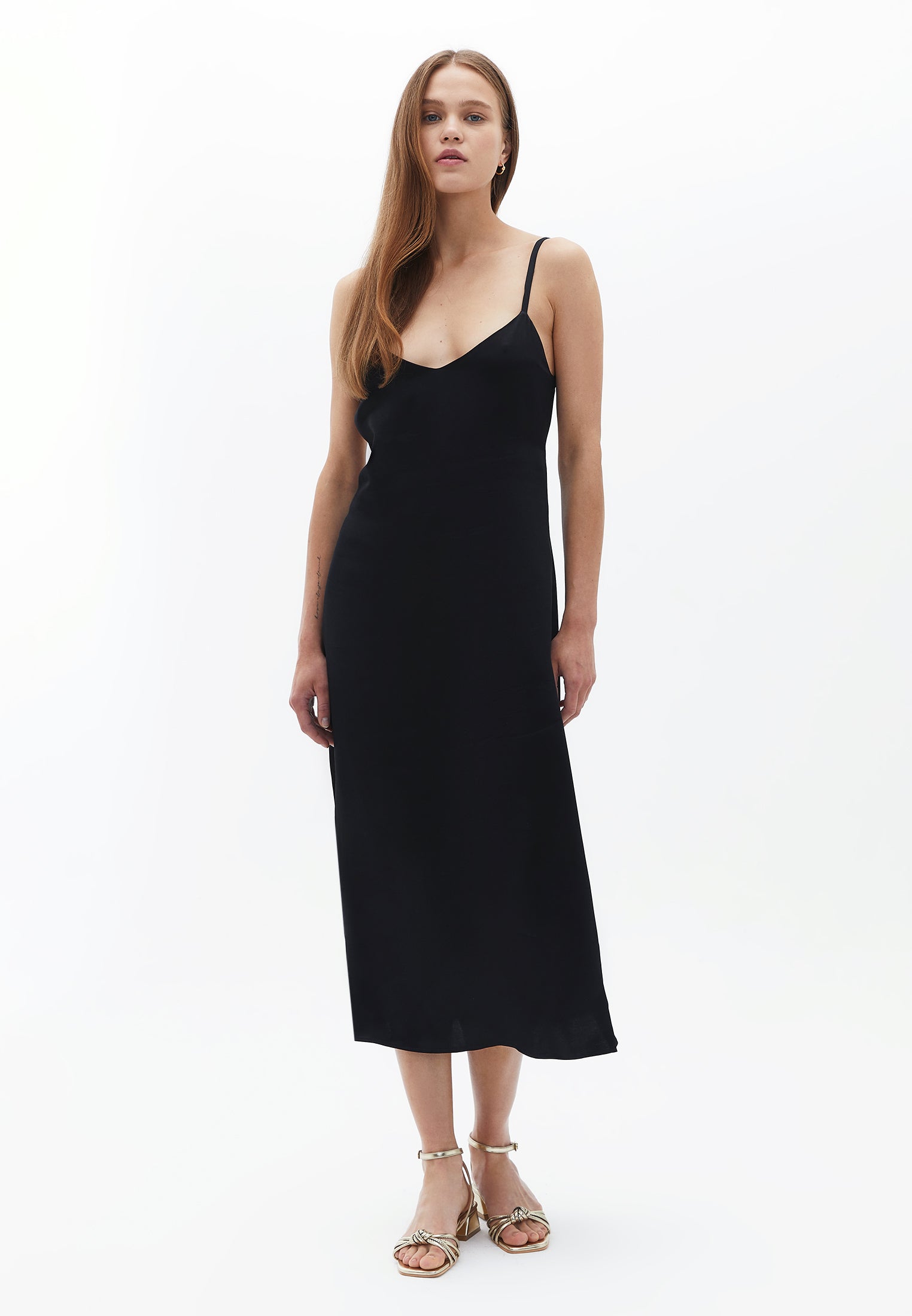 Midi Dress with Thin Straps - BLACK