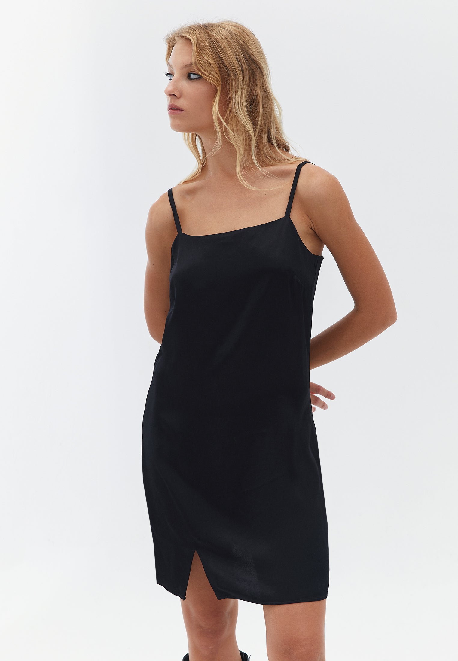 Mini Dress with Thin Straps - BLACK