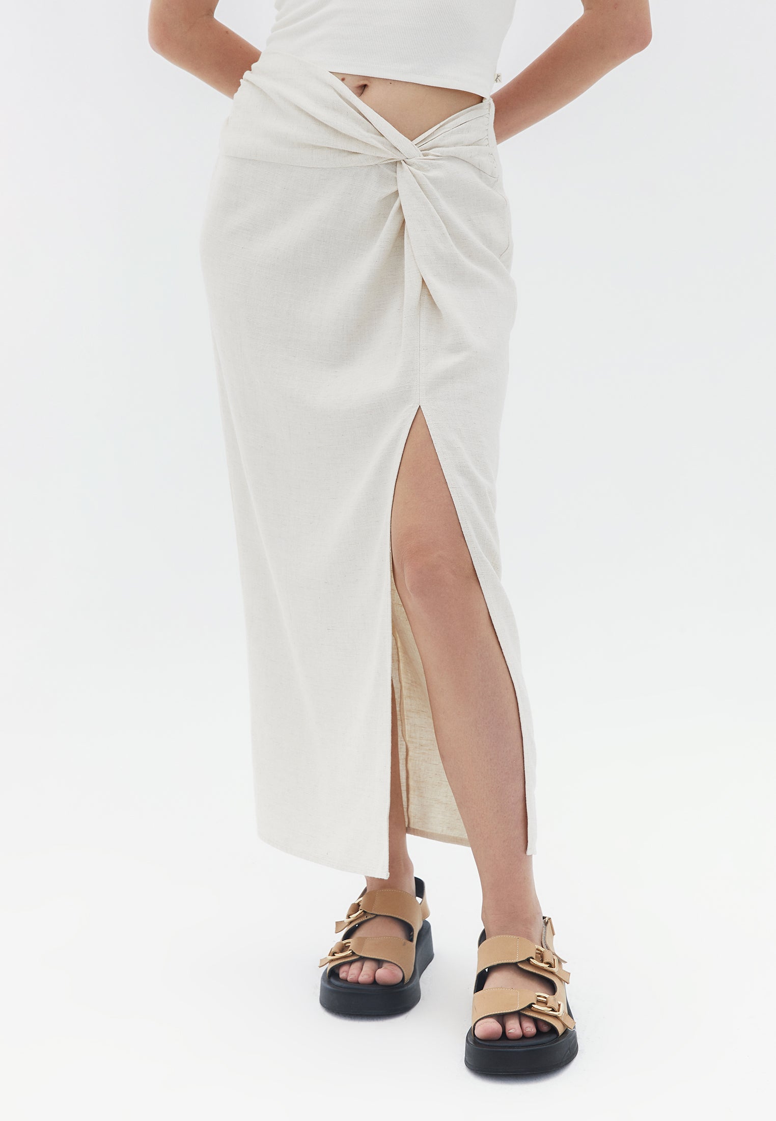 Linen Blended Maxi Skirt - NATURAL
