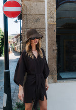 Linen Blended Mini Dress - BLACK COFFEE