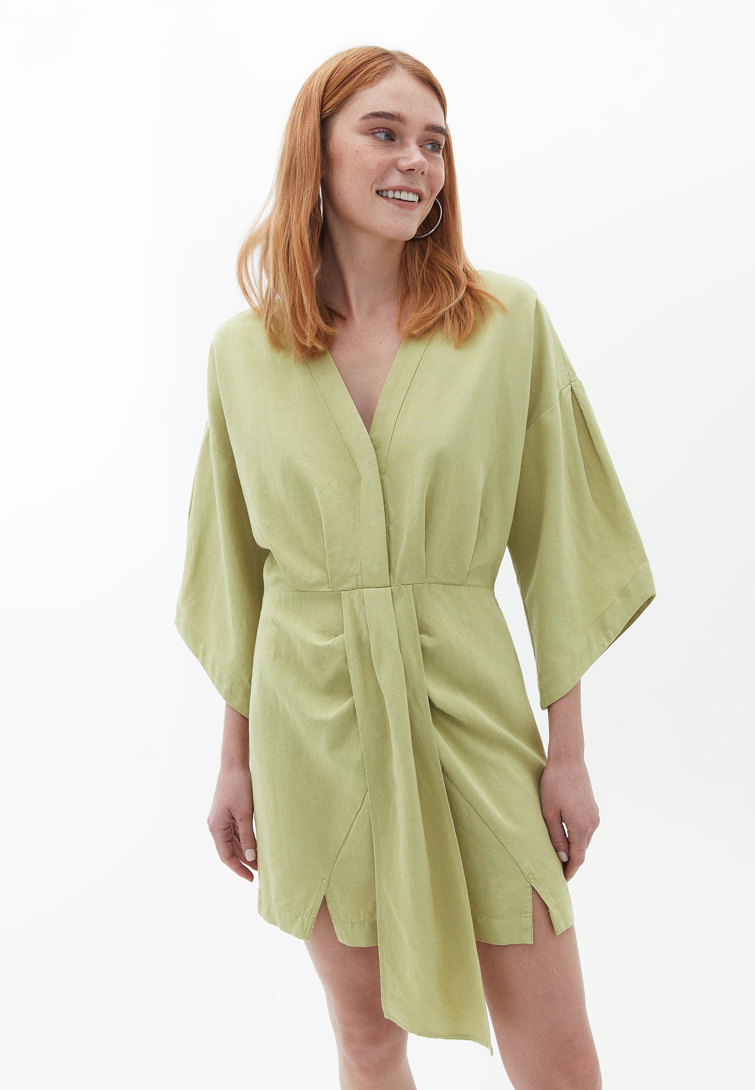 Linen Blended Mini Dress - LEEK GREEN