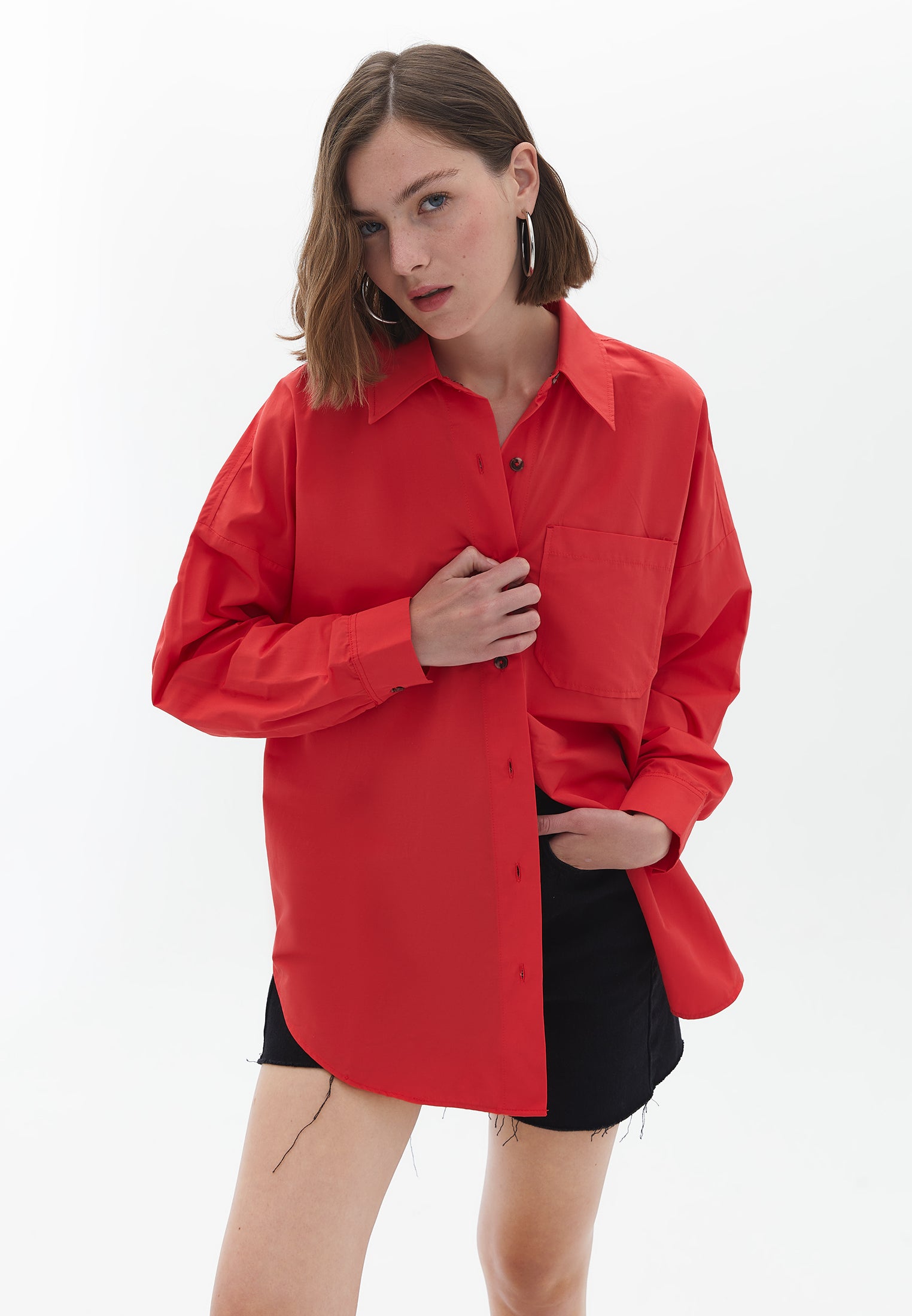 Oversize Shirt with Pocket - POINSETTIA