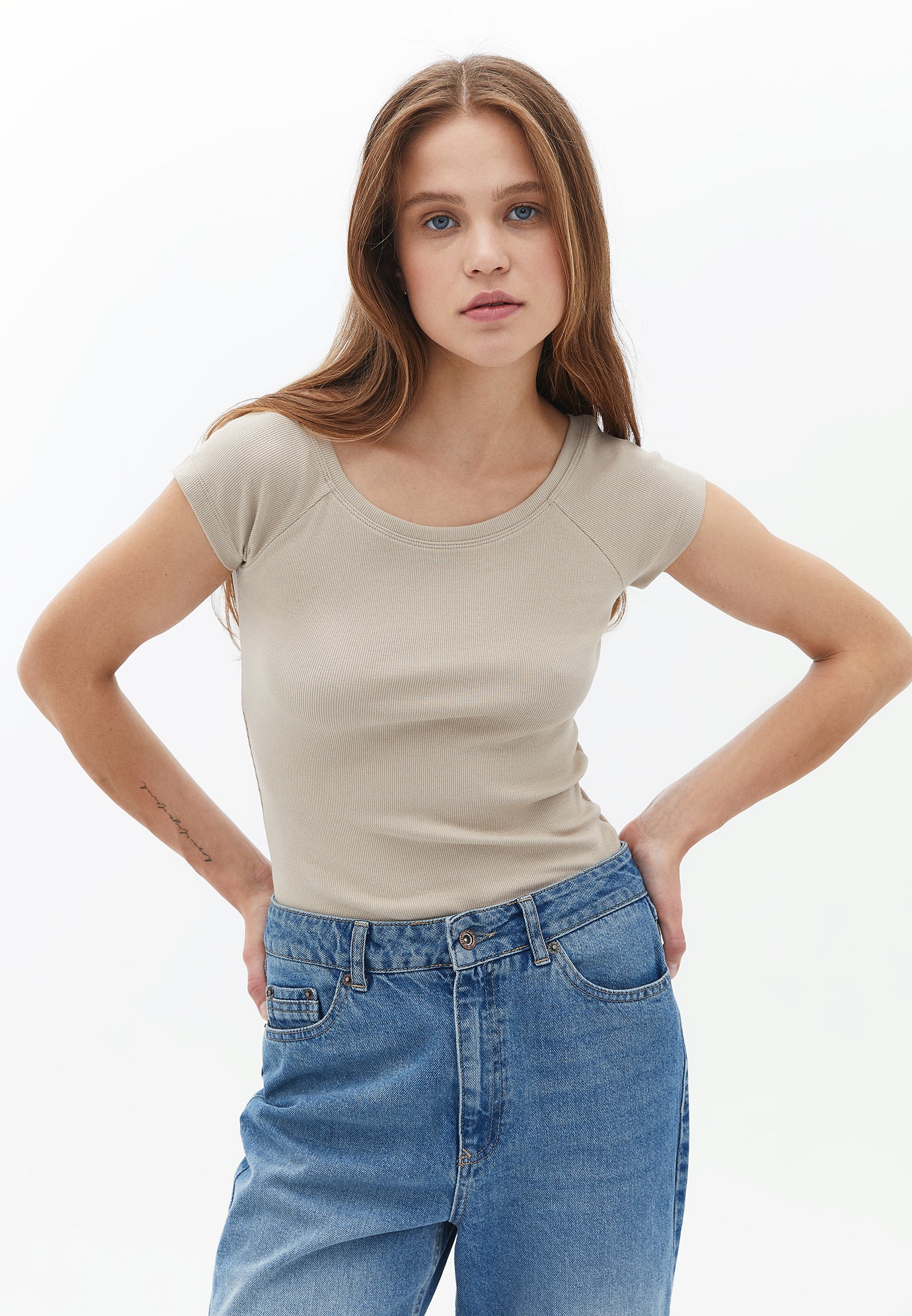 Cotton Boat Neck Tshirt - COBBLESTONE