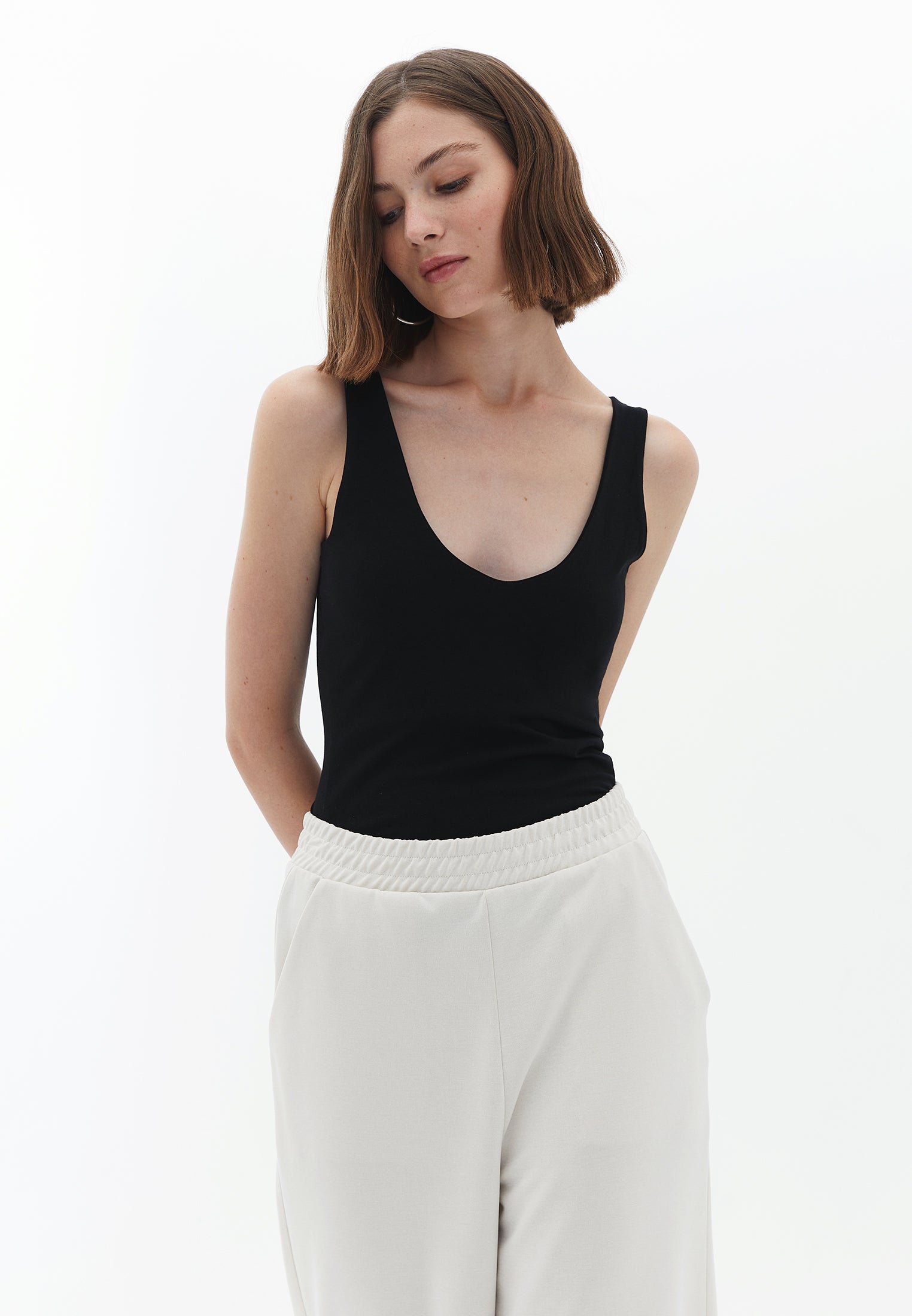 Cotton V-Neck Singlet - BLACK