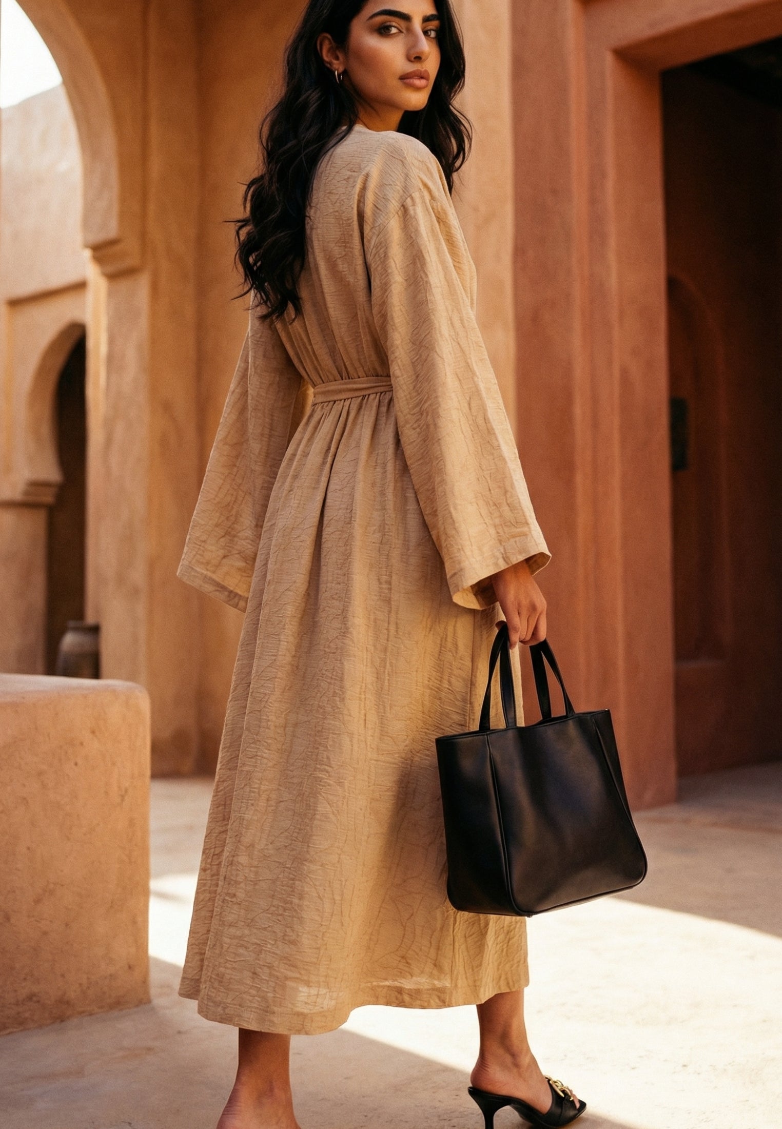 Dress With Tie And Long Sleeves - WARM SAND