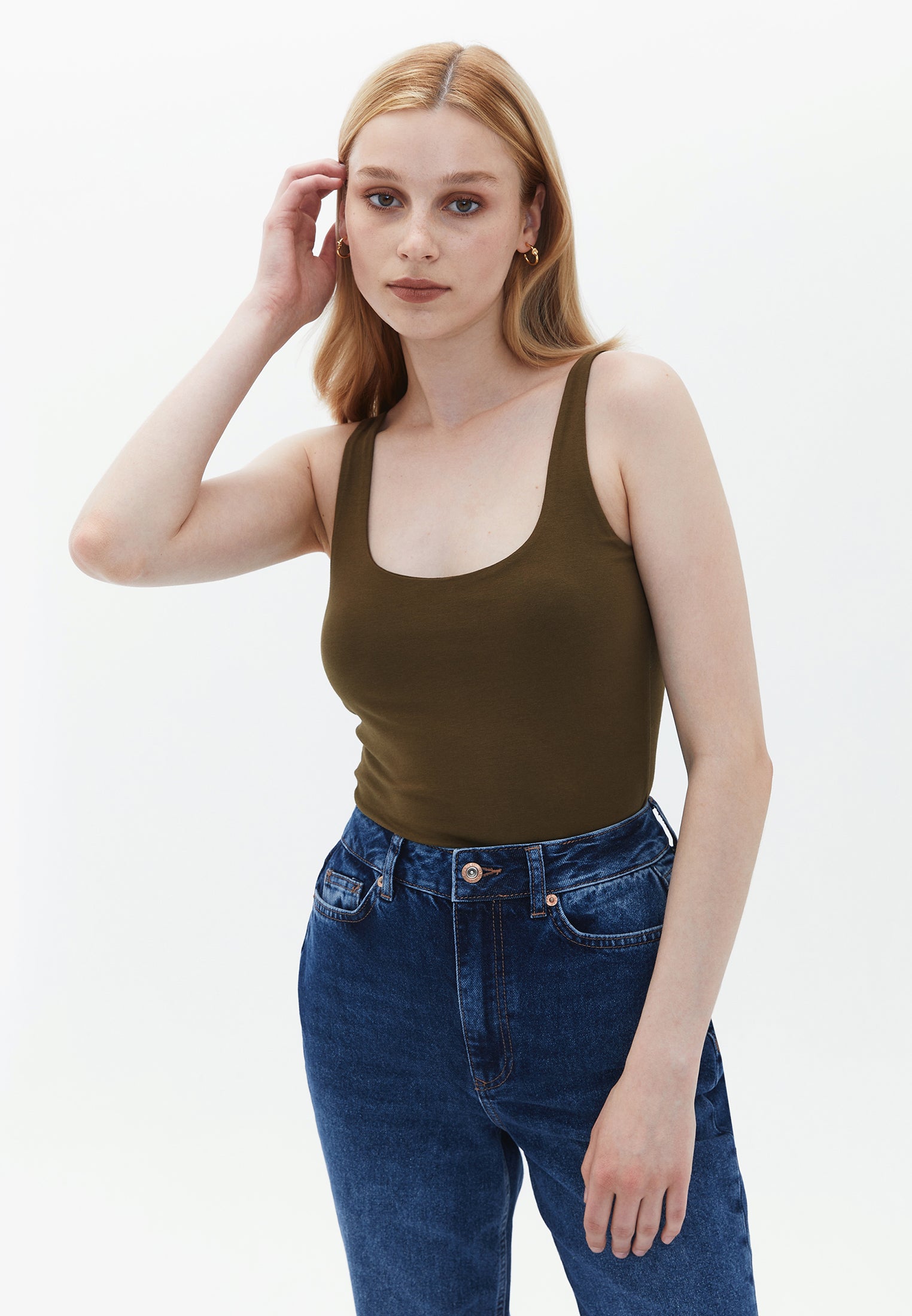 Cotton Singlet with Scope Neck - DARK OLIVE
