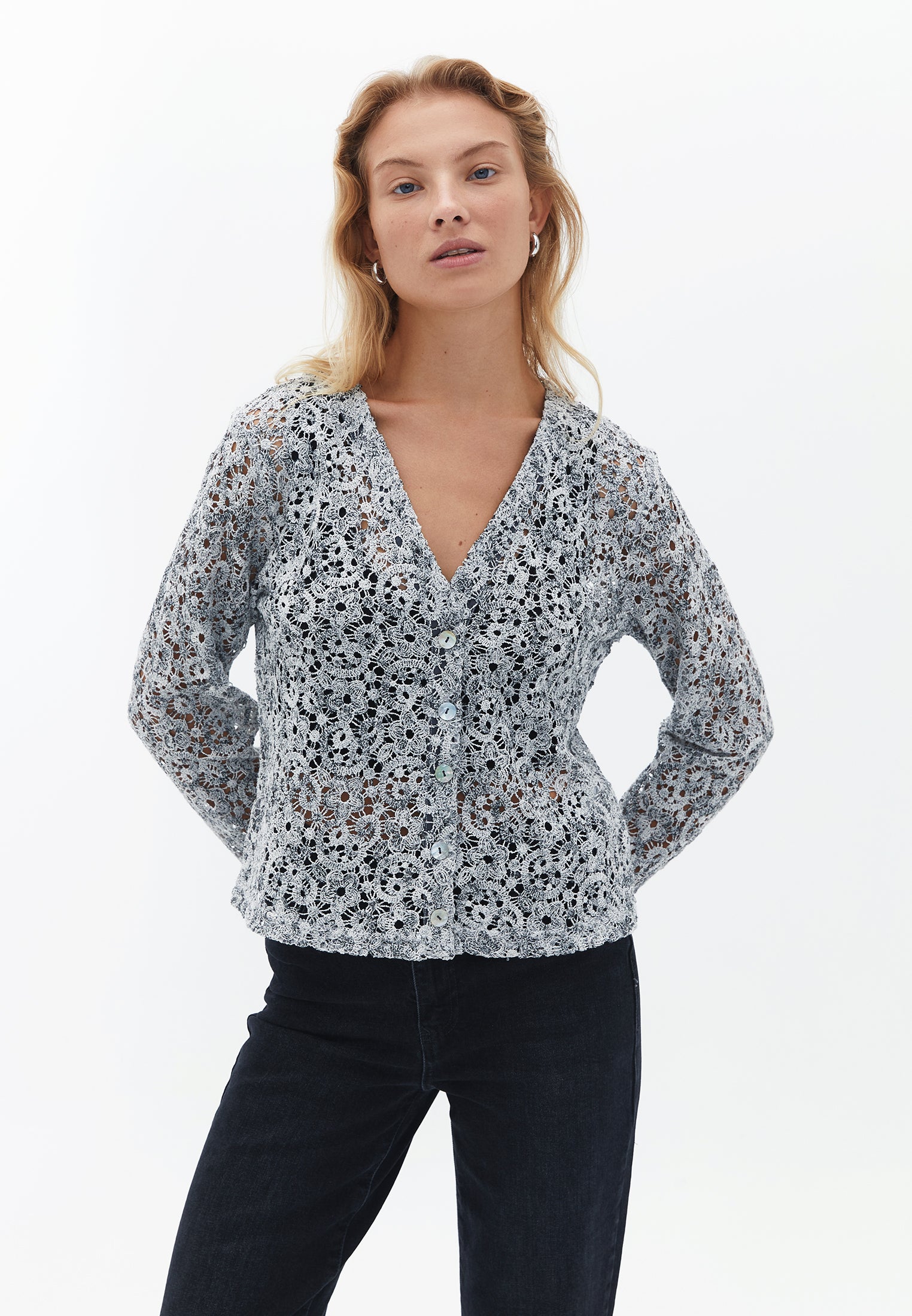 V-neck Crochet Cardigan - MIX COLOR