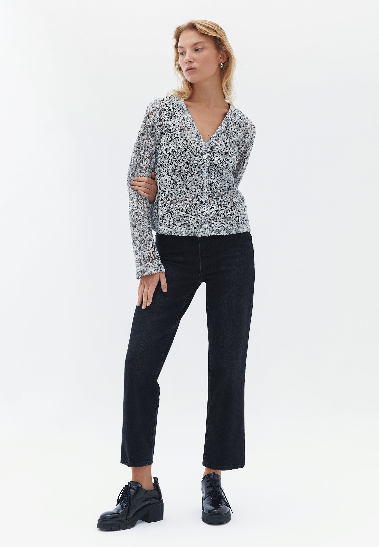 V-neck Crochet Cardigan - MIX COLOR