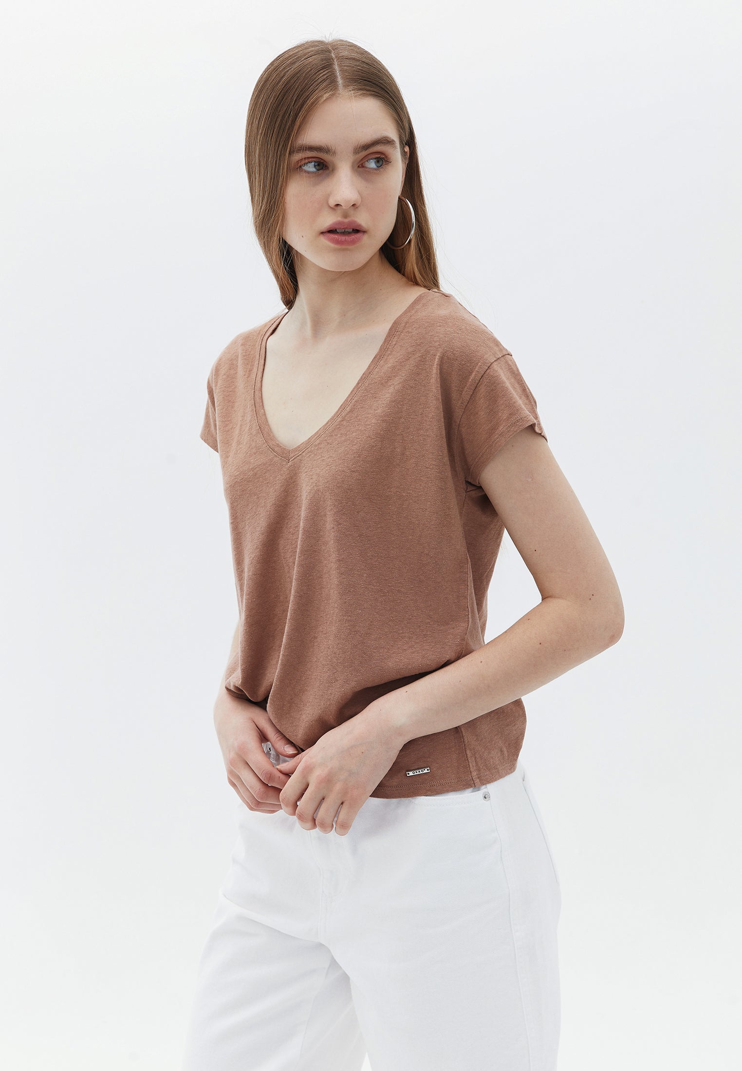 V-neck Linen Tshirt - CHOCOLATE MALT