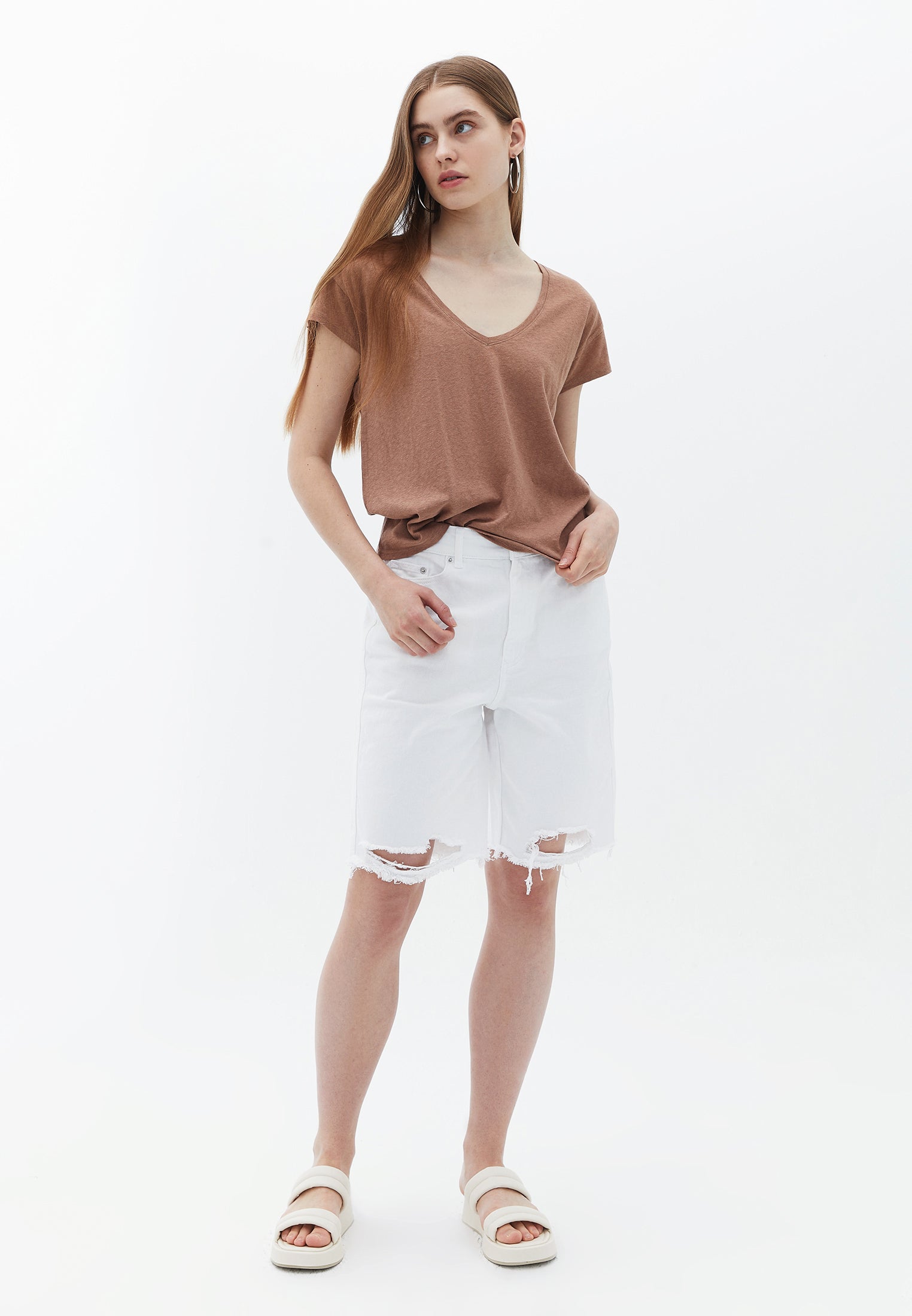 V-neck Linen Tshirt - CHOCOLATE MALT