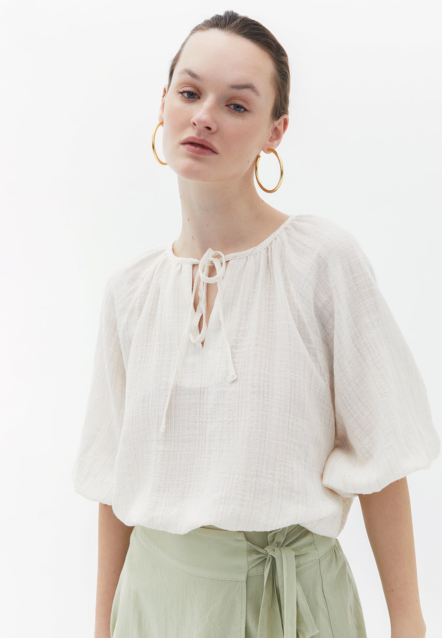 Crop Blouse with Neckline Detail - COPPER GLITTER STRIPE