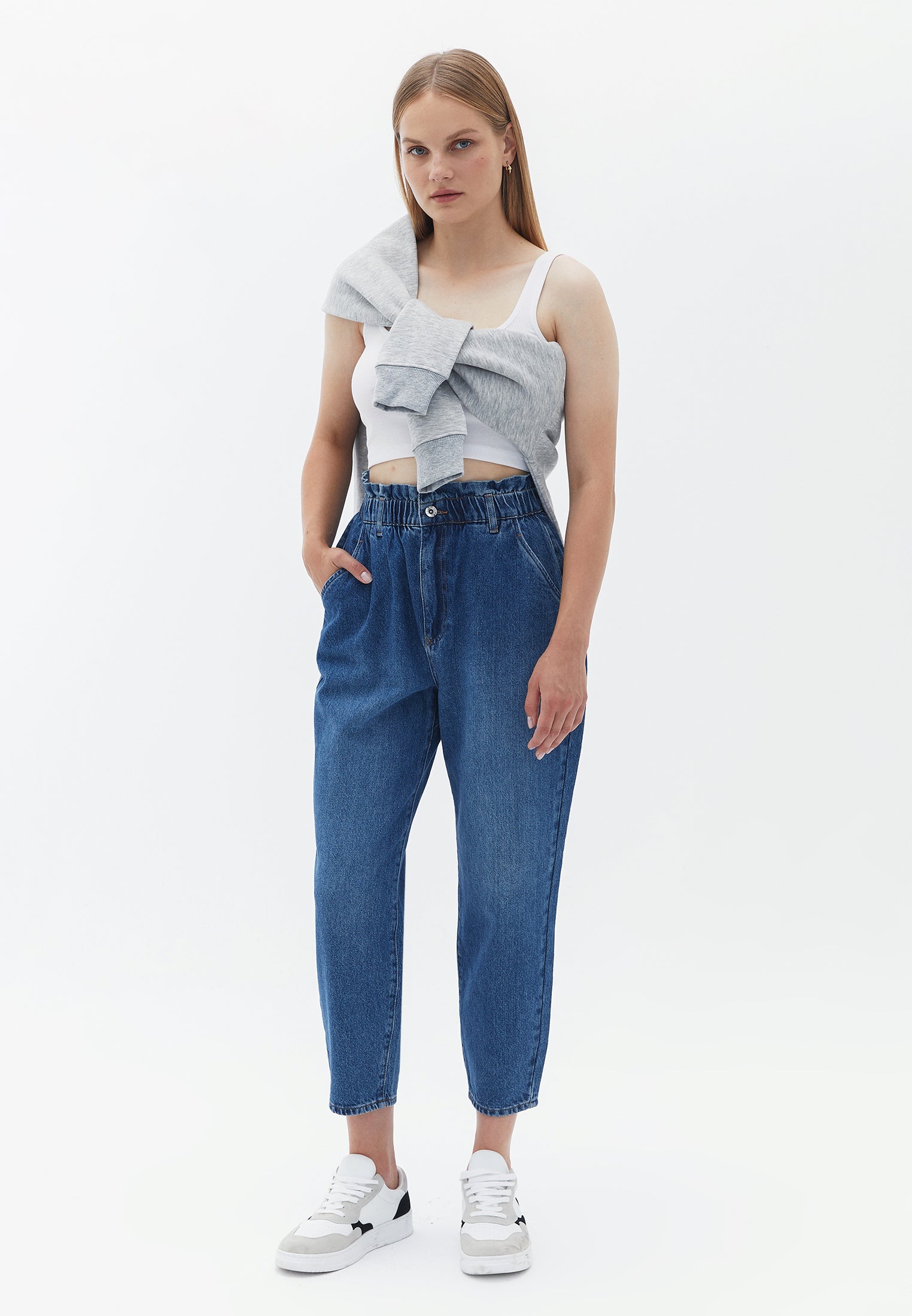 High Rise Baggy Fit Denim Pants - MID DENIM