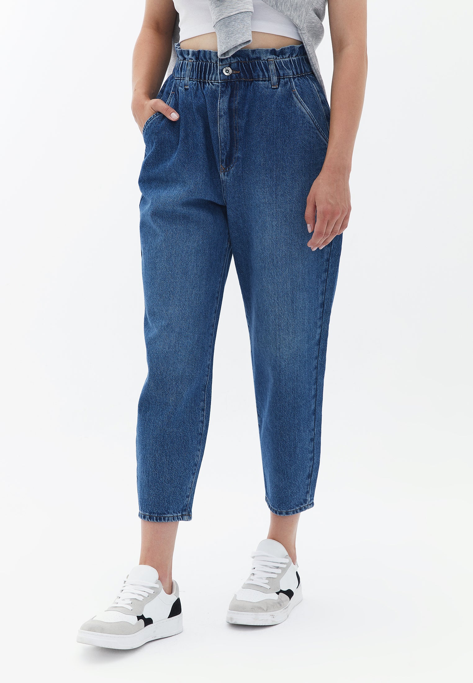 High Rise Baggy Fit Denim Pants - MID DENIM