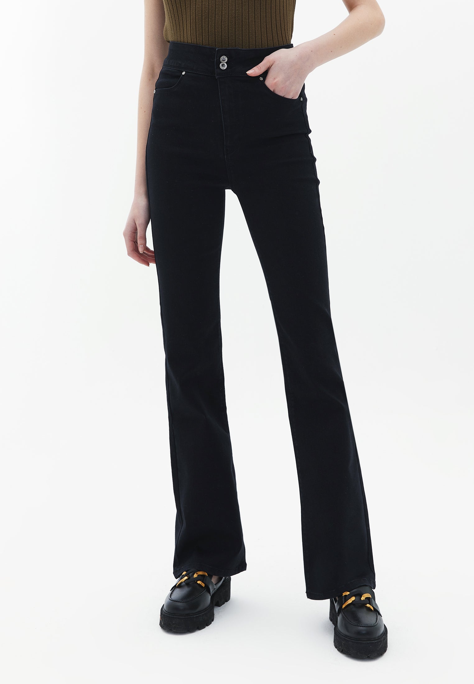 High Rise Bootcut Pants - BLACK DENIM