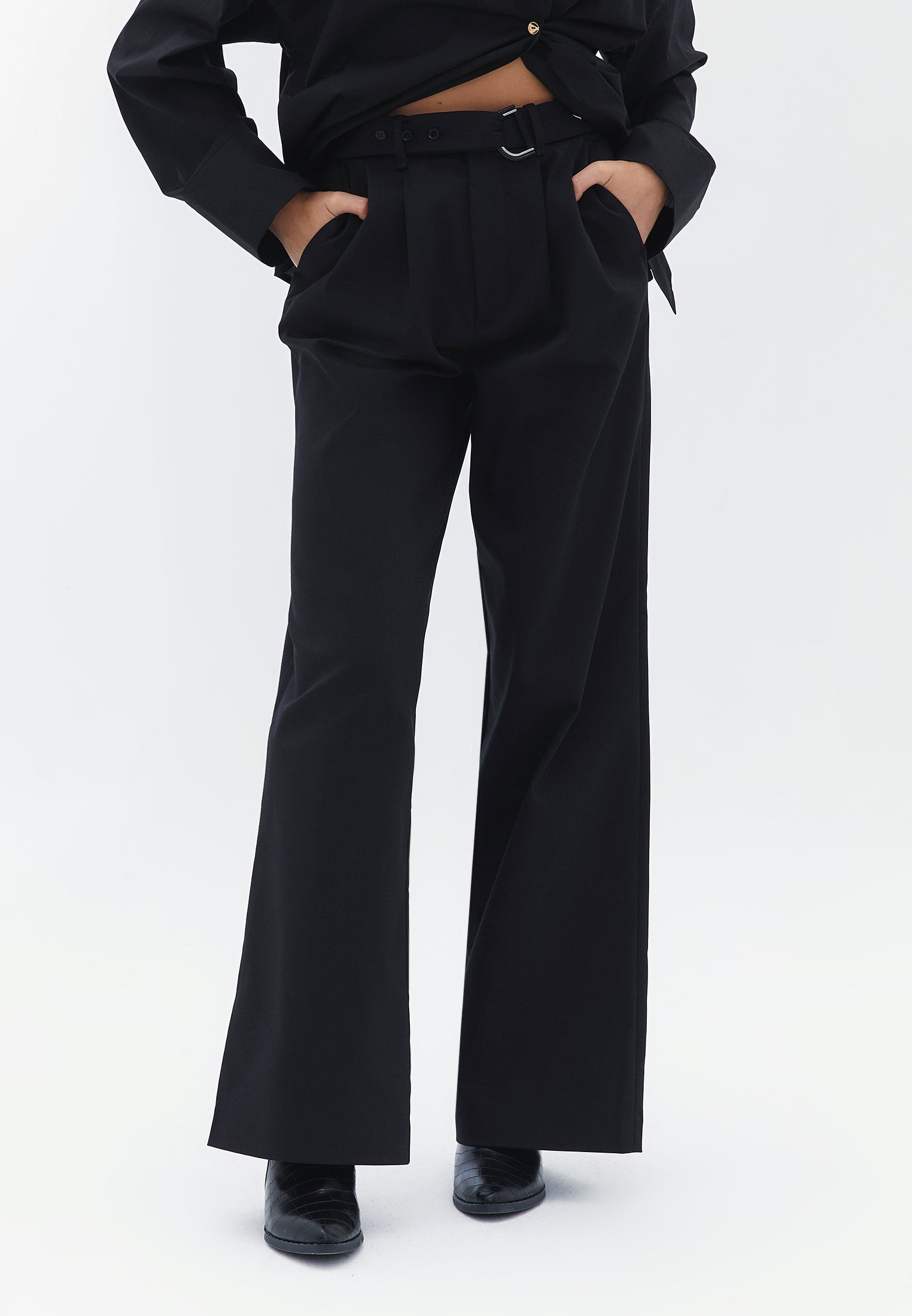 High Rise Wide Leg Pants - BLACK