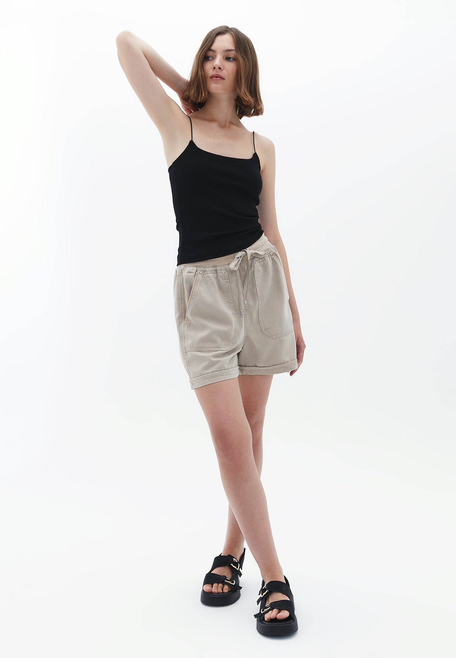 Mini Shorts with Waist Detail - OXFORD TAN