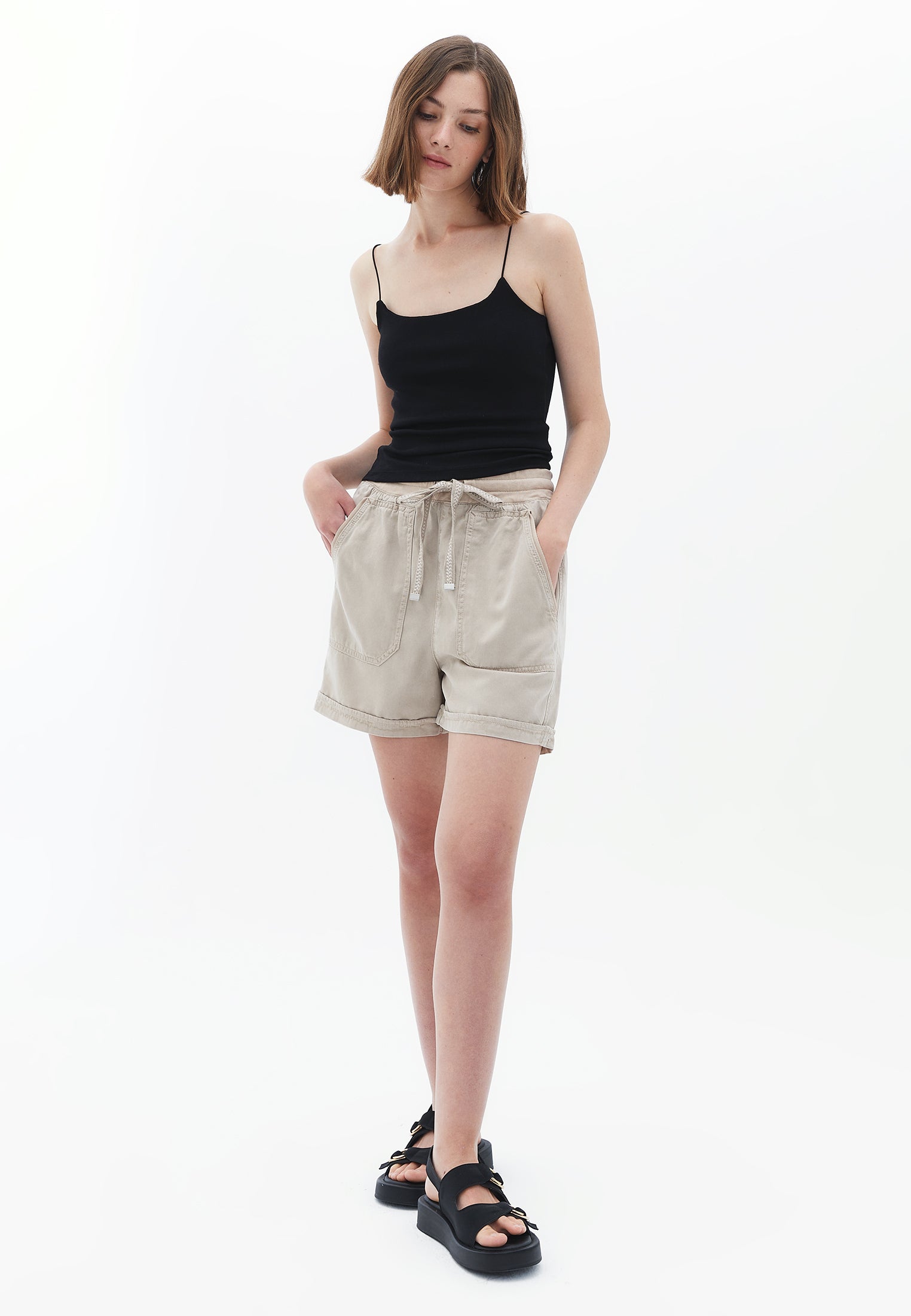 Mini Shorts with Waist Detail - OXFORD TAN