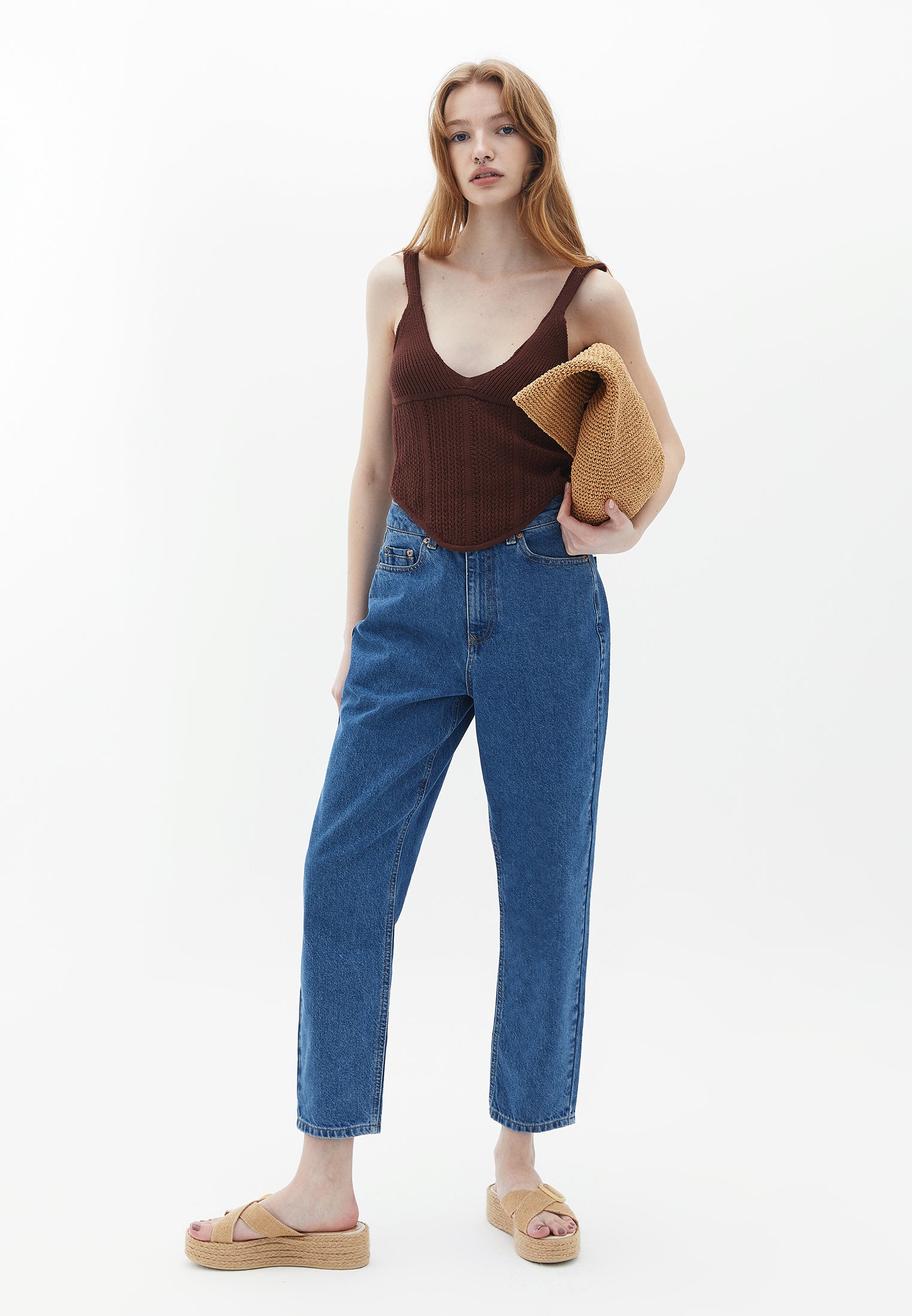 High Rise Mom Fit Pants - MID DENIM