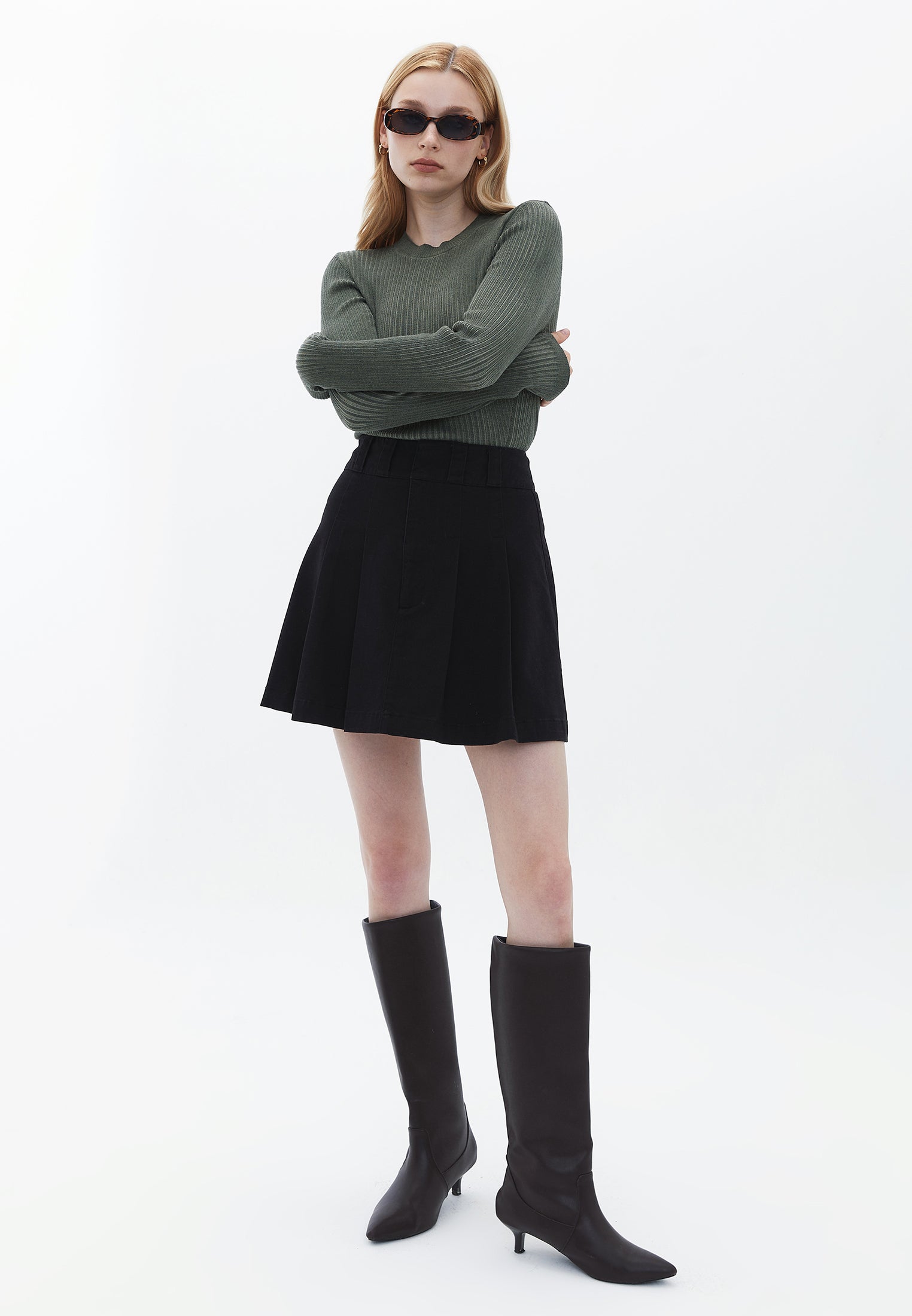 High Rise Pleated Mini Skirt - BLACK